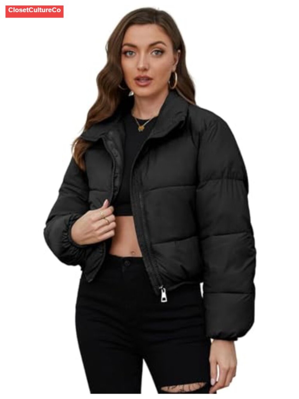 Cropped Quilted Puffer Jacket Stand Collar Full Zip Lightweight